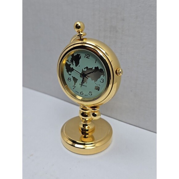 Miniature Gold World Map Desk Clock Quartz Japan Movt New Battery Working Gimbal - Picture 2 of 8